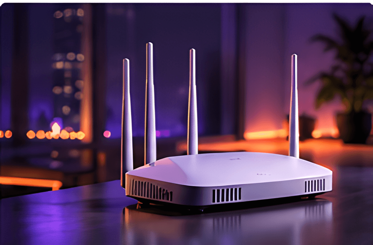 Weißer WLAN-Router mit vier Antennen vor nächtlicher Skyline